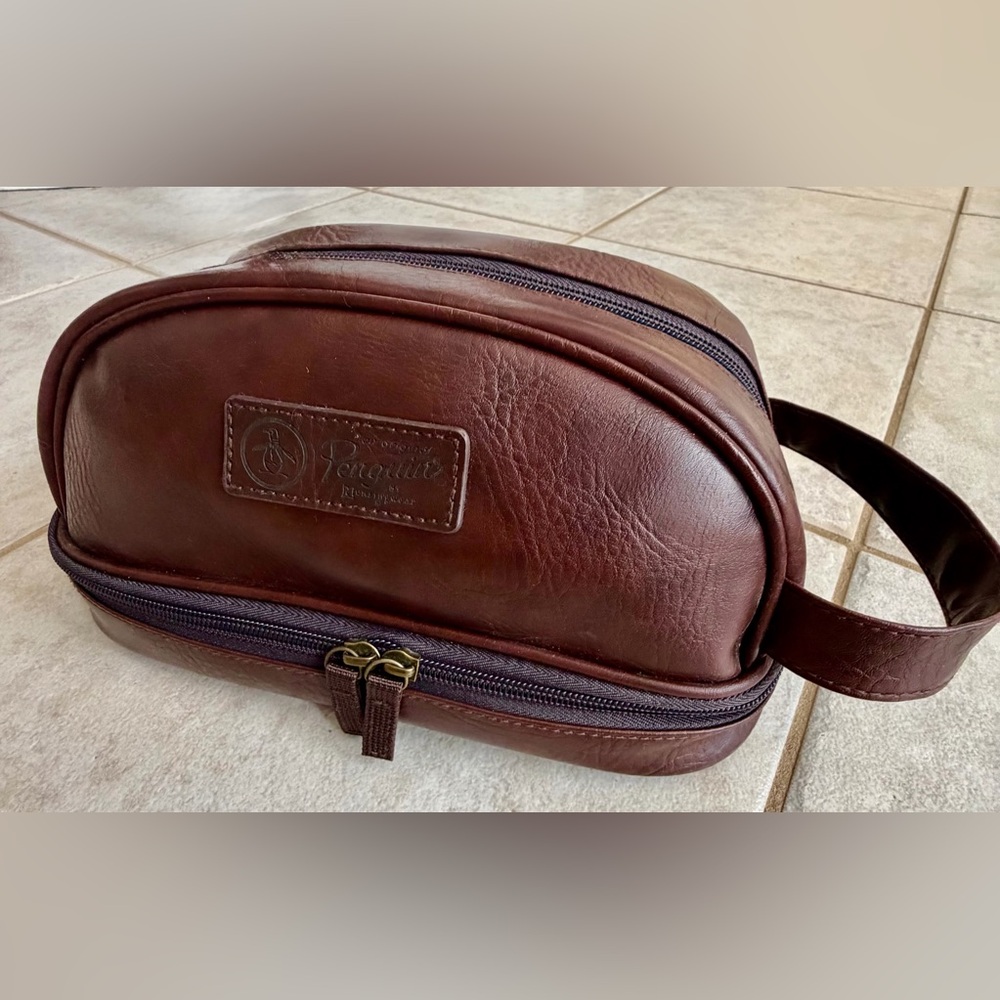 Penguin Men's Brown Faux Leather Zip Travel Luggage Toiletry Shave Bag